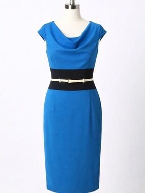 Calvin Klein Blue Cowl Neck Sheath Dress Black Waist Belt Size 6